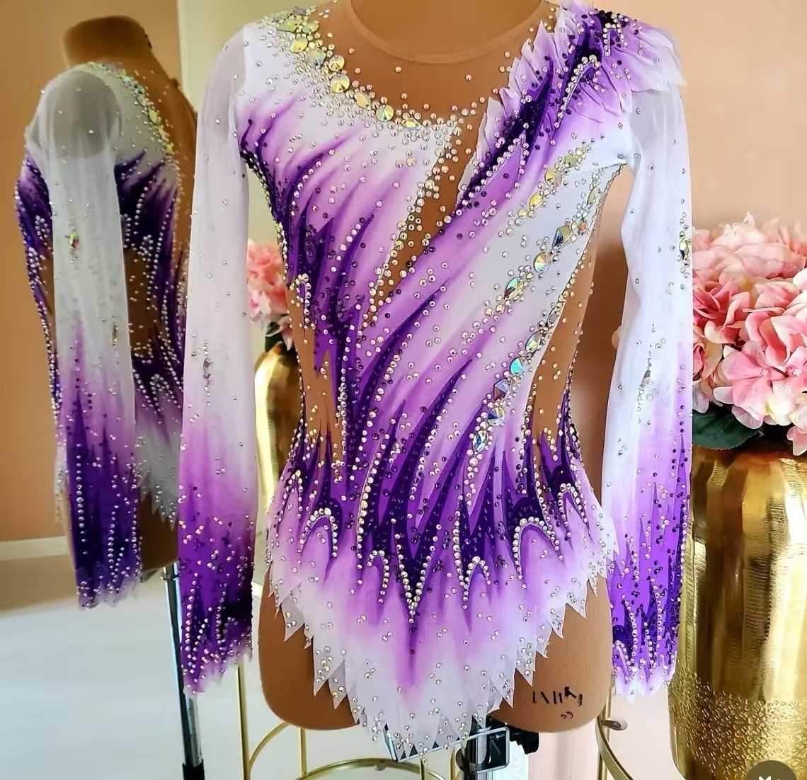 Rhinestone Banding Trim - Kızlar Mor Beyaz Ritmik Jimnastik Leotard